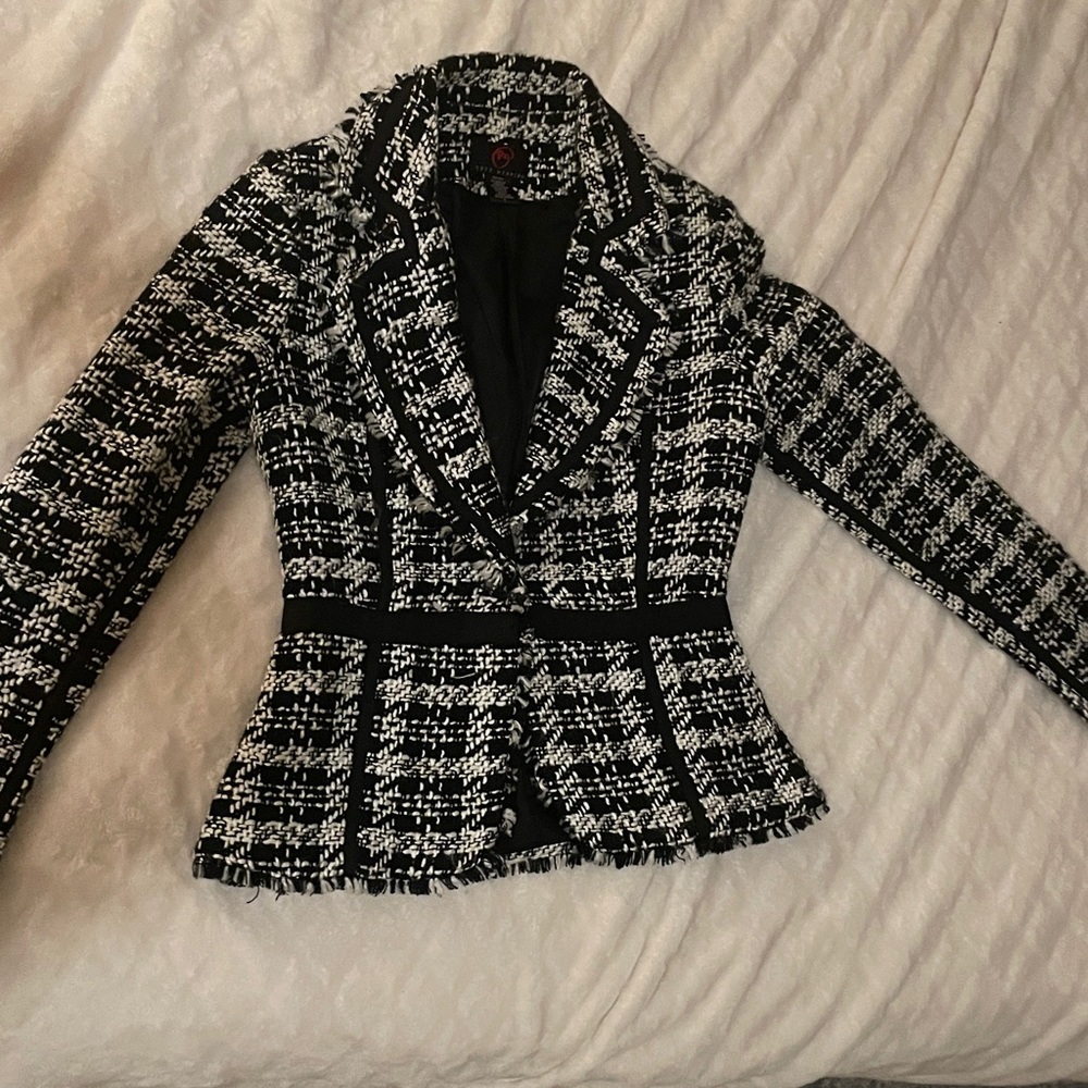 True Meaning Black And White Tweed Jacket with Fringe and Ribbon Detail XS